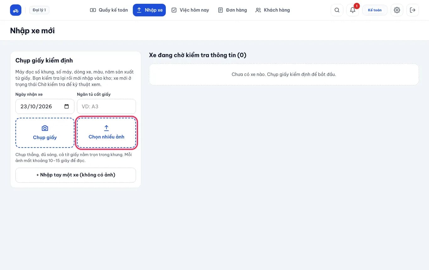Nhập xe mới bằng ảnh giấy kiểm định: Chụp hoặc chọn ảnh giấy