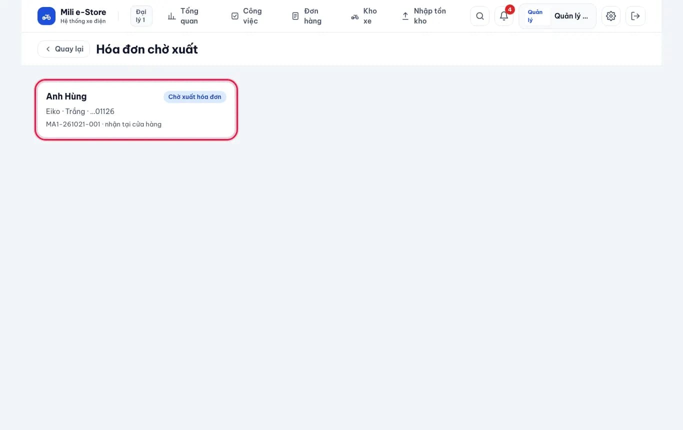 Xuất hóa đơn: Mở danh sách hóa đơn chờ xuất