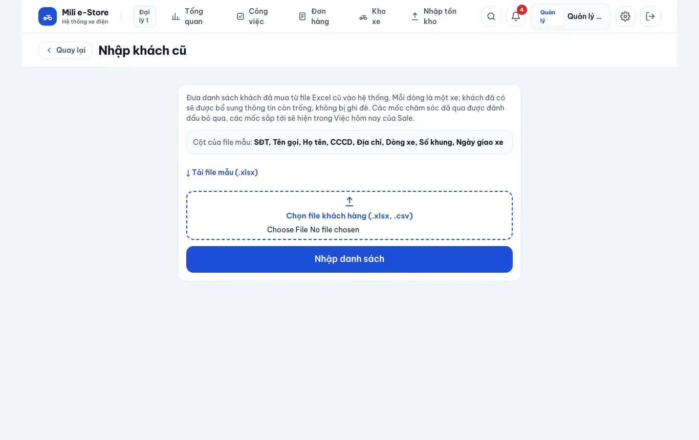 Nhập khách cũ từ Excel: Tải file mẫu, nhập danh sách