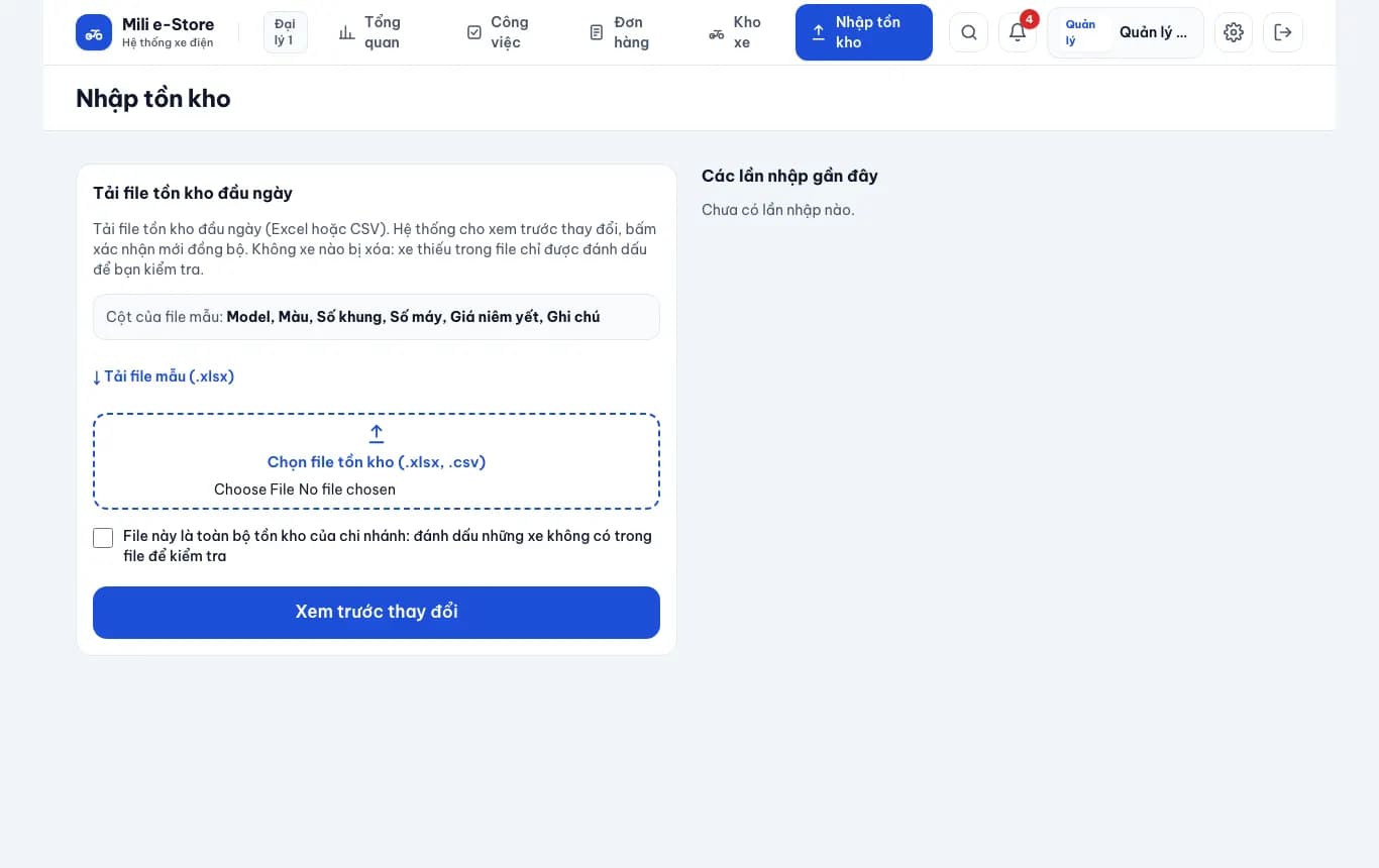 Kho xe và nhập tồn kho: Nhập file tồn kho (khi có lệch)