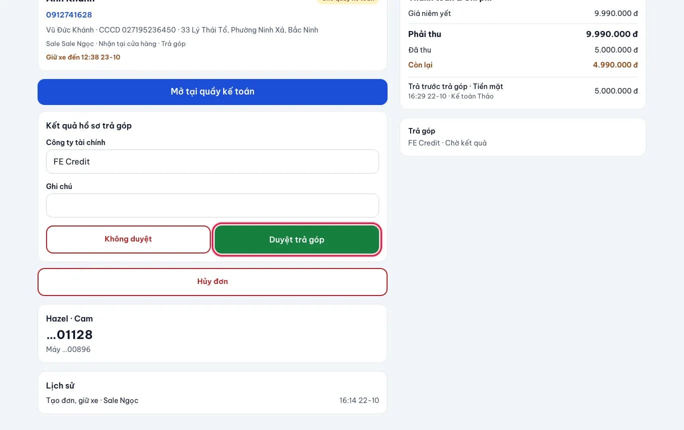 Cập nhật kết quả trả góp: Duyệt hoặc không duyệt