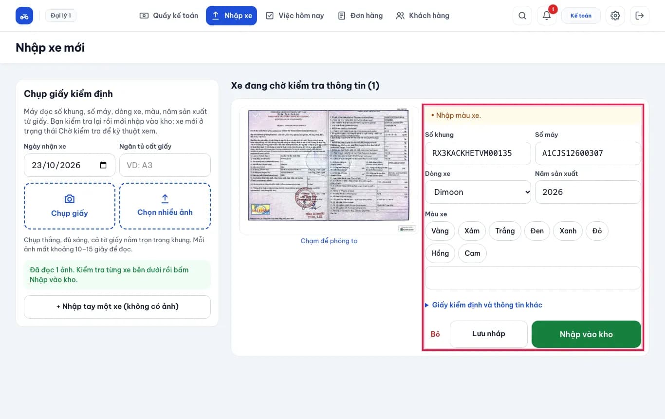 Nhập xe mới bằng ảnh giấy kiểm định: Xem lại thông tin đọc được