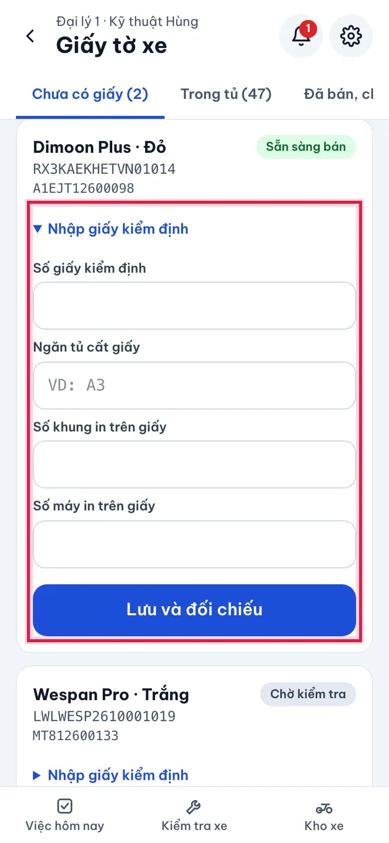 Nhập giấy kiểm định cho xe chưa có giấy: Nhập số trên giấy