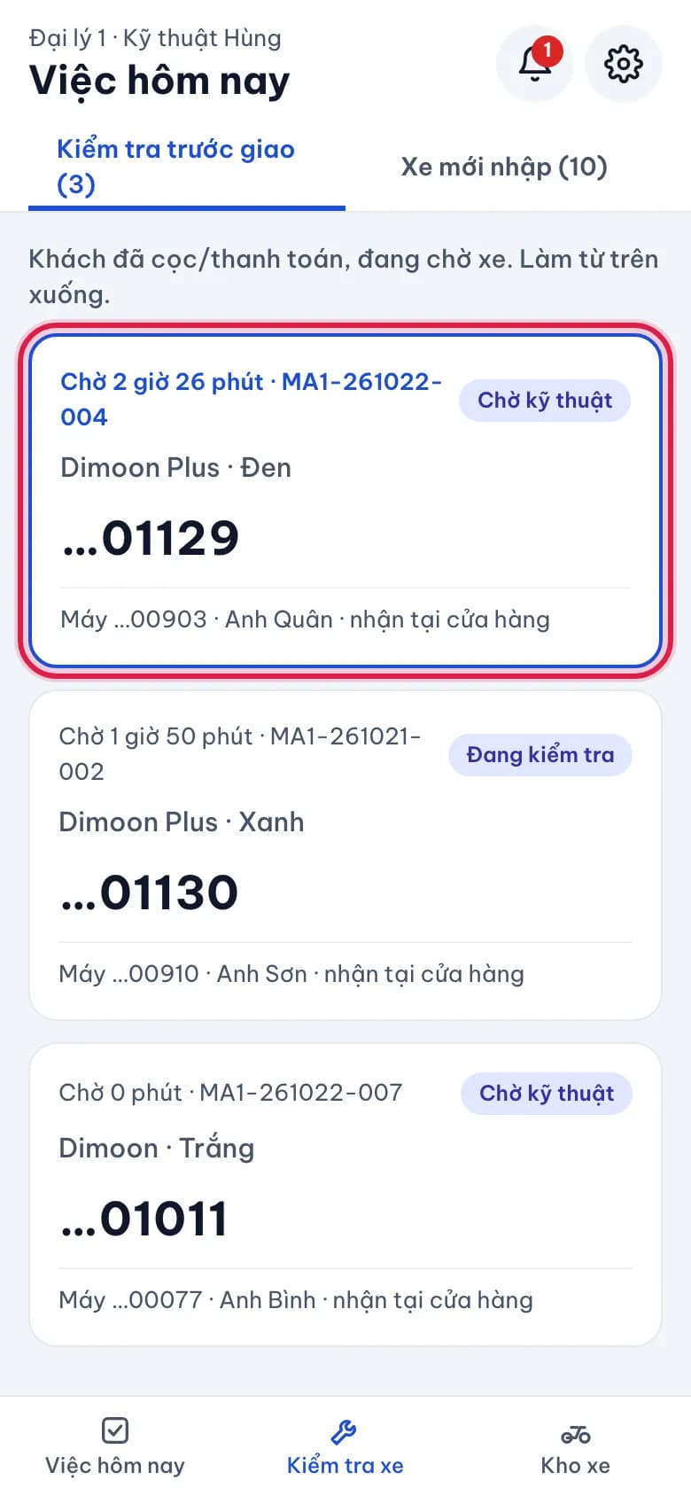 Kiểm tra xe trước khi giao (PDI): Mở hàng chờ kiểm tra