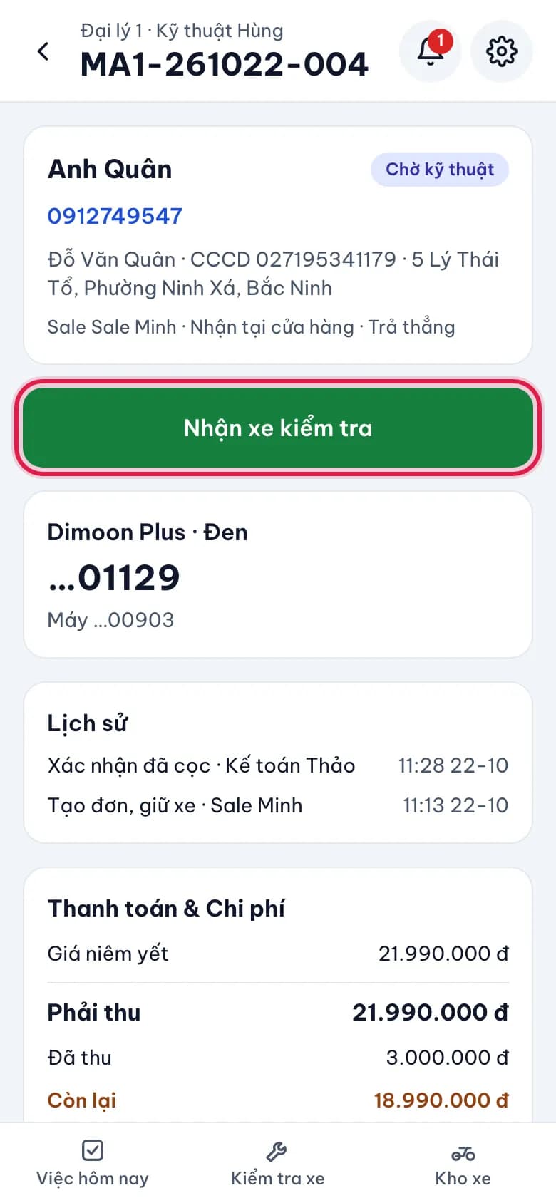 Kiểm tra xe trước khi giao (PDI): Nhận xe kiểm tra