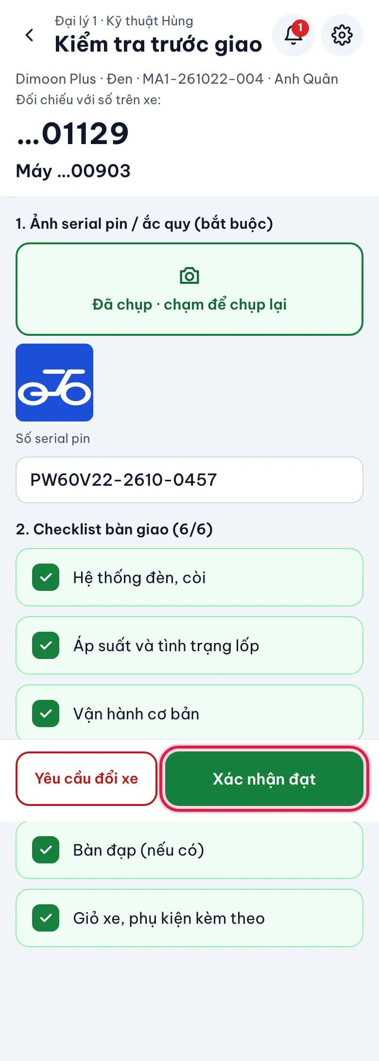 Kiểm tra xe trước khi giao (PDI): Chụp serial pin, đánh dấu 6 mục