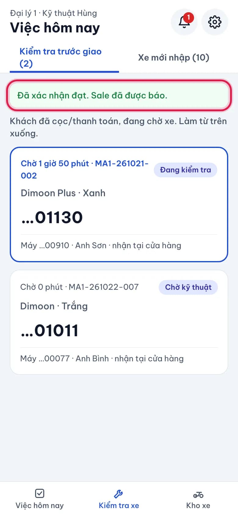 Kiểm tra xe trước khi giao (PDI): Sale được báo