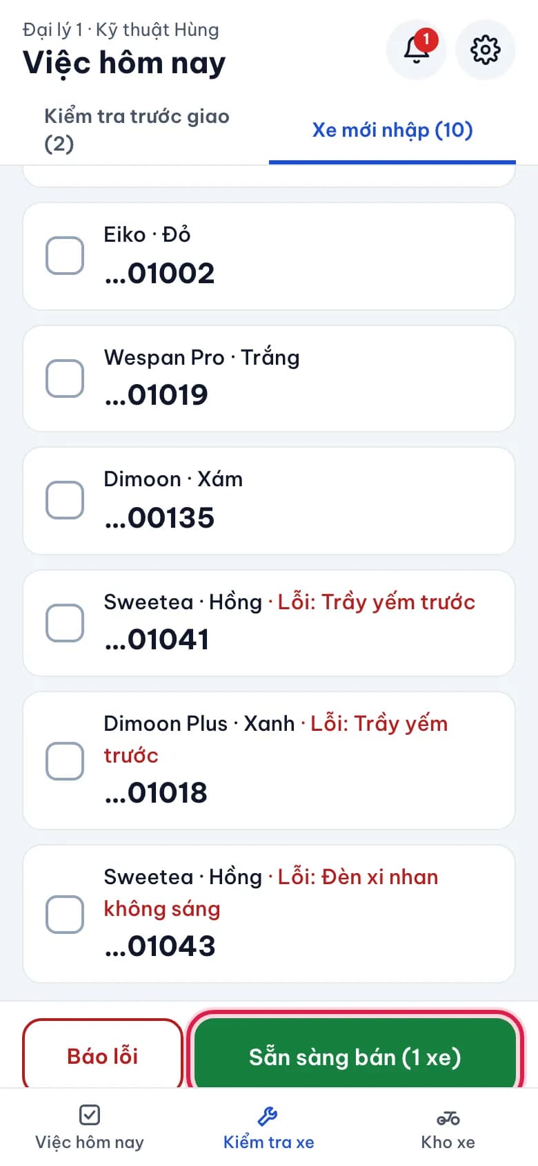 Kiểm tra xe mới nhập: Chọn xe, đánh dấu Sẵn sàng bán