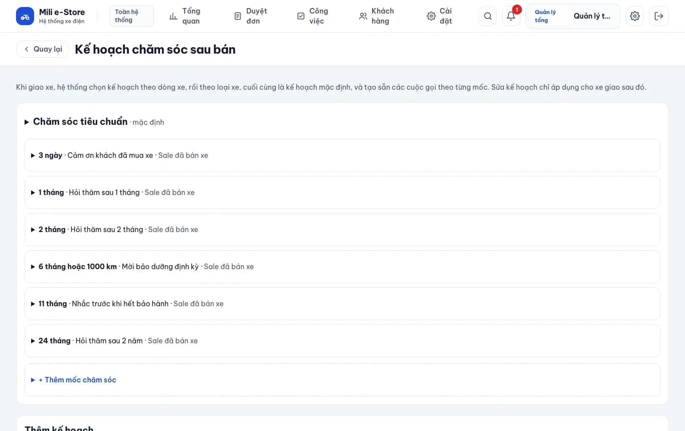 Cài đặt hệ thống: Kế hoạch chăm sóc sau bán