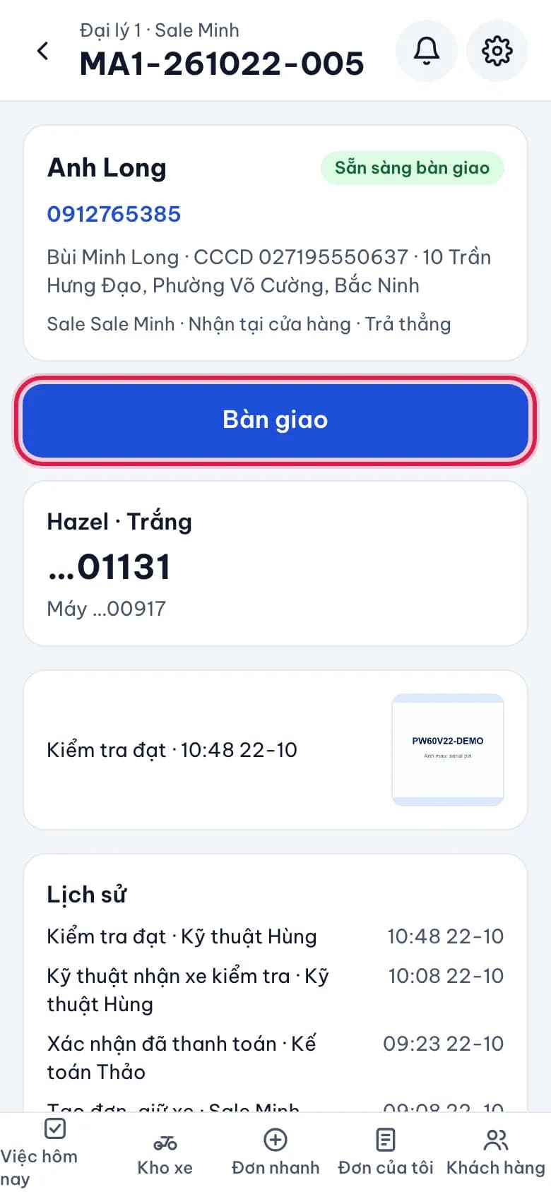 Bàn giao xe cho khách: Mở đơn, bấm Bàn giao