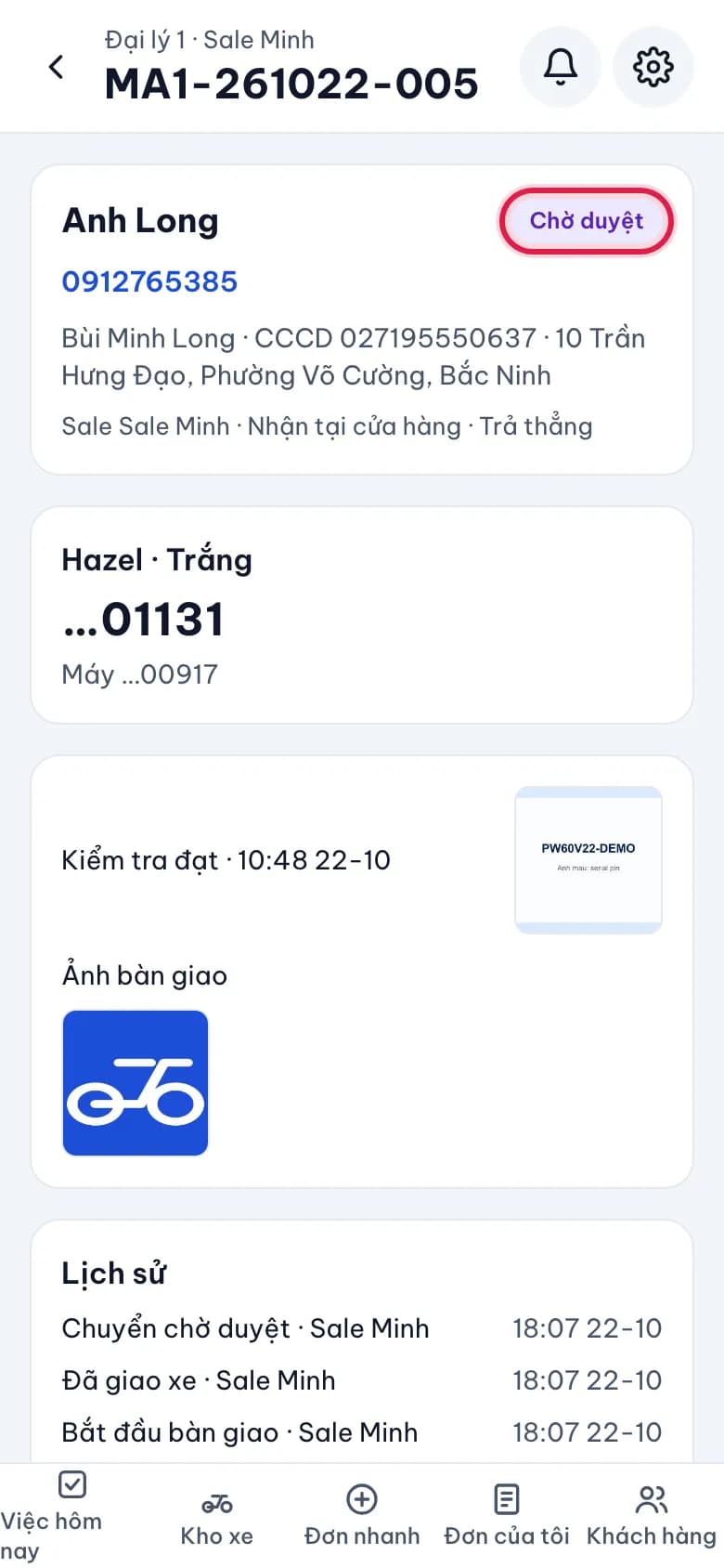 Bàn giao xe cho khách: Đơn chuyển Chờ duyệt