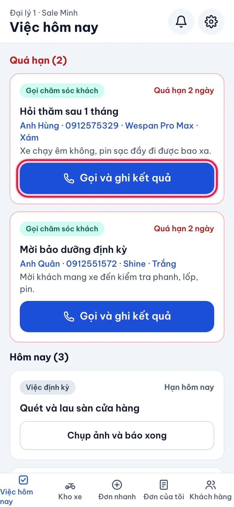 Gọi chăm sóc khách sau bán: Chọn cuộc gọi đến hạn