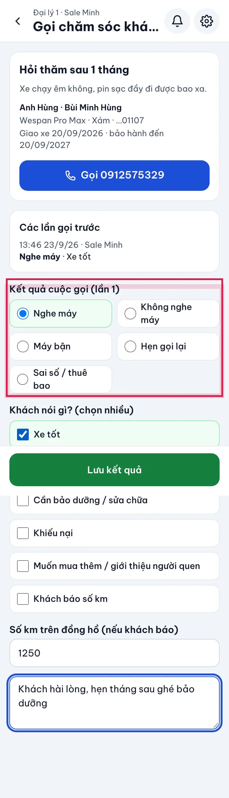 Gọi chăm sóc khách sau bán: Ghi kết quả