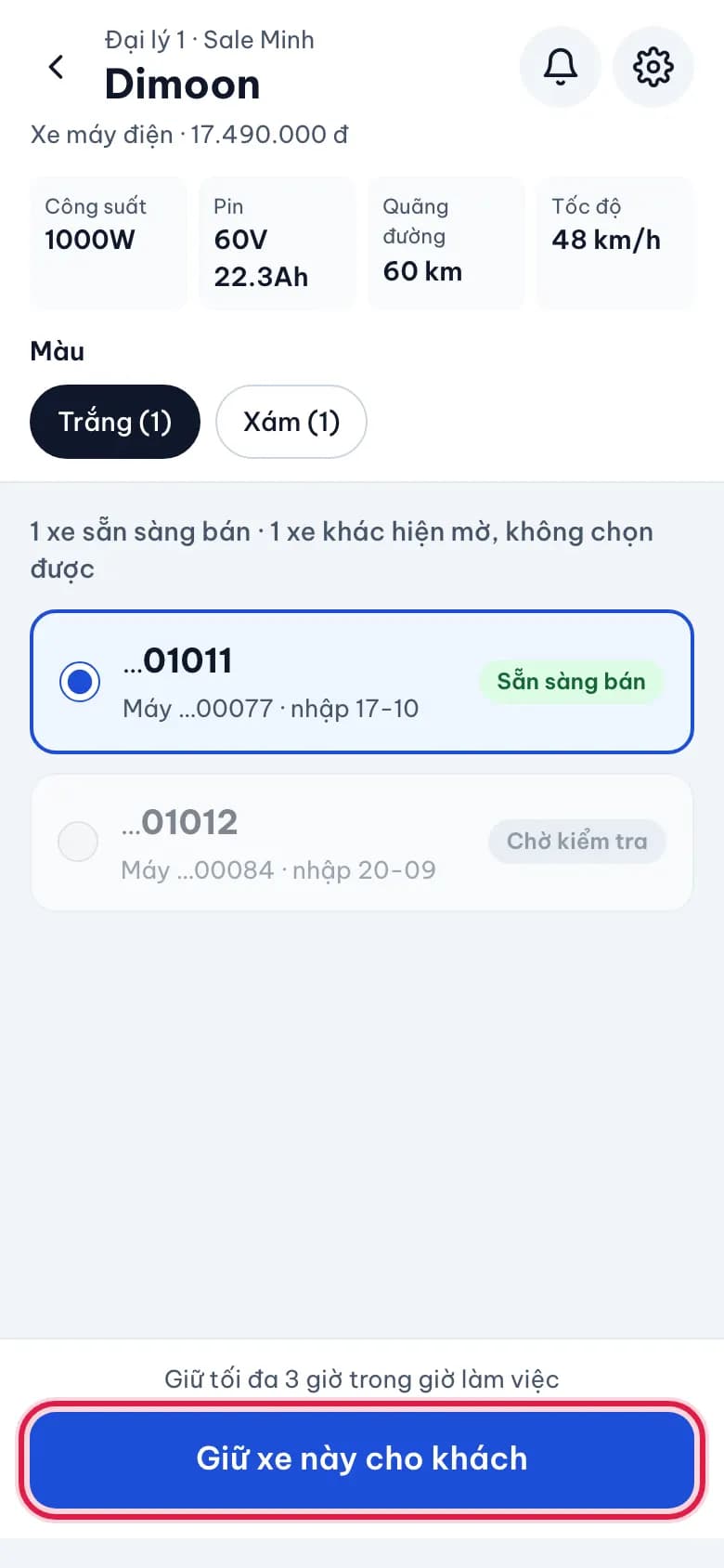 Tạo đơn nhanh, giữ xe cho khách: Chọn chiếc xe