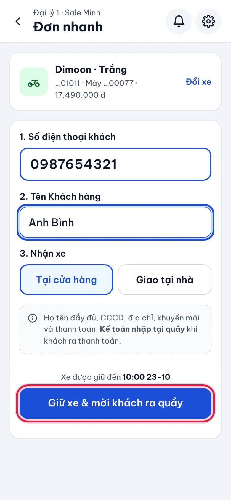 Tạo đơn nhanh, giữ xe cho khách: Nhập số điện thoại và tên gọi