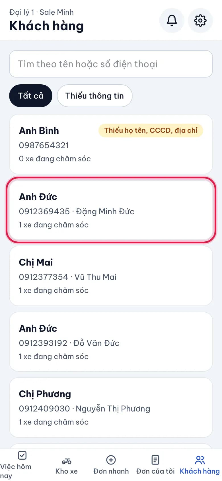 Hồ sơ khách hàng: Tìm khách