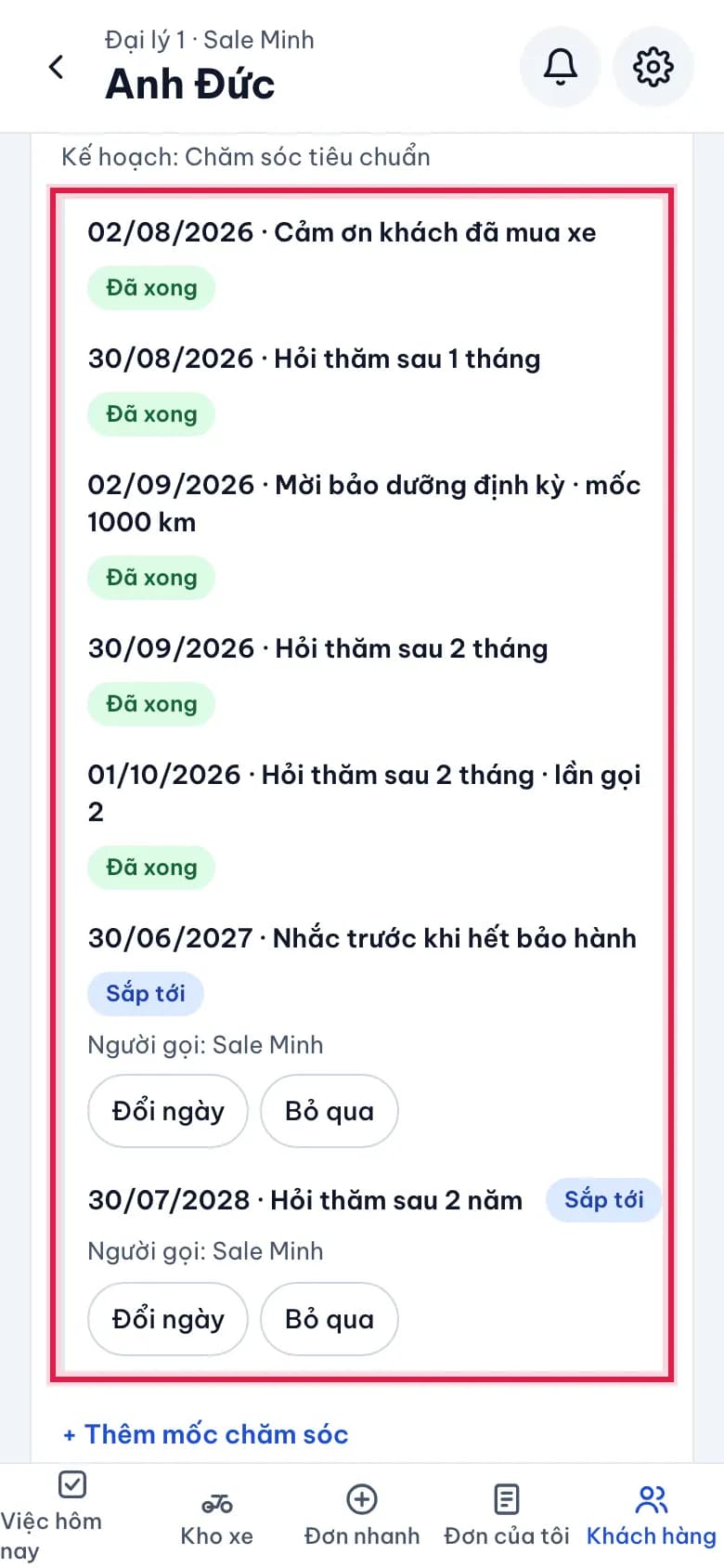Hồ sơ khách hàng: Xem lịch chăm sóc