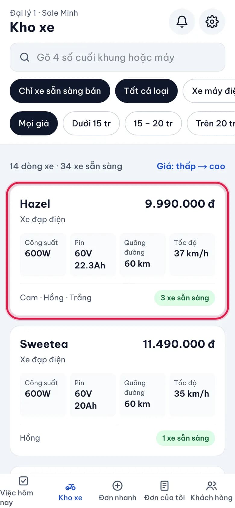 Xem kho xe, tìm xe cho khách: Mở Kho xe