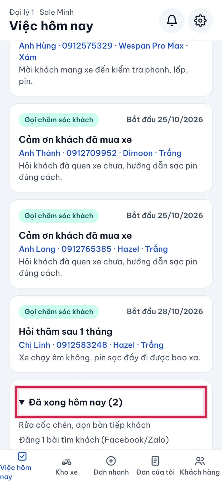 Việc hôm nay: Xem việc đã xong